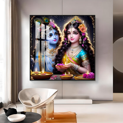 Glowing Krishna Radha Premium Acrylic Square Wall Art