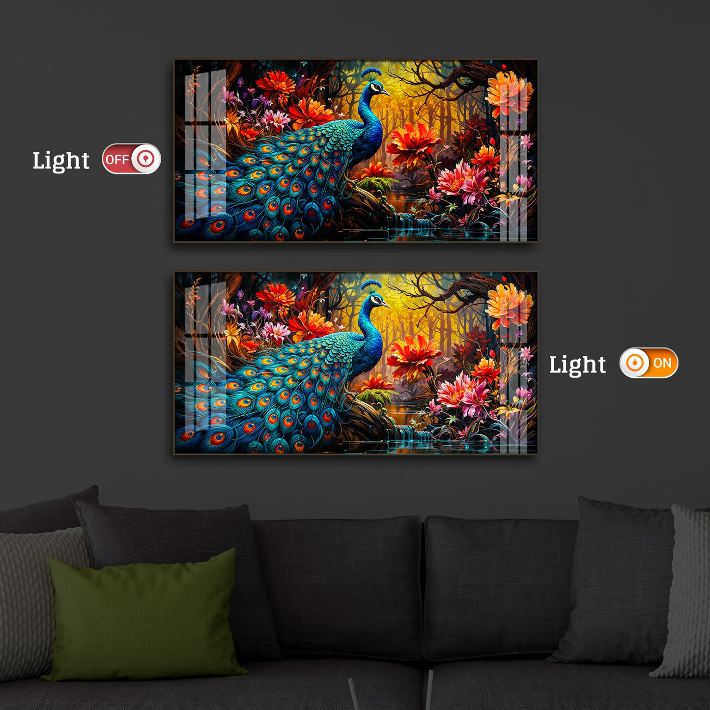 Beautiful Peacock Modern Luxury Backlight Horizontal Wall Art