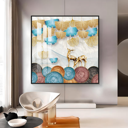 Golden Deer With Ginkgo Leaf Premium Acrylic Square Wall Art