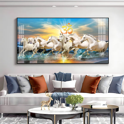 White Running Horses in Sea with Om Premium Acrylic Horizontal Wall Art