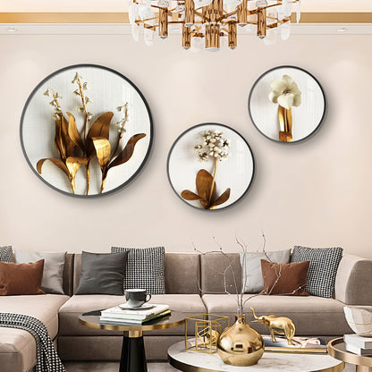 Golden Petals Premium Acrylic Round Wall Art (Set of 3)