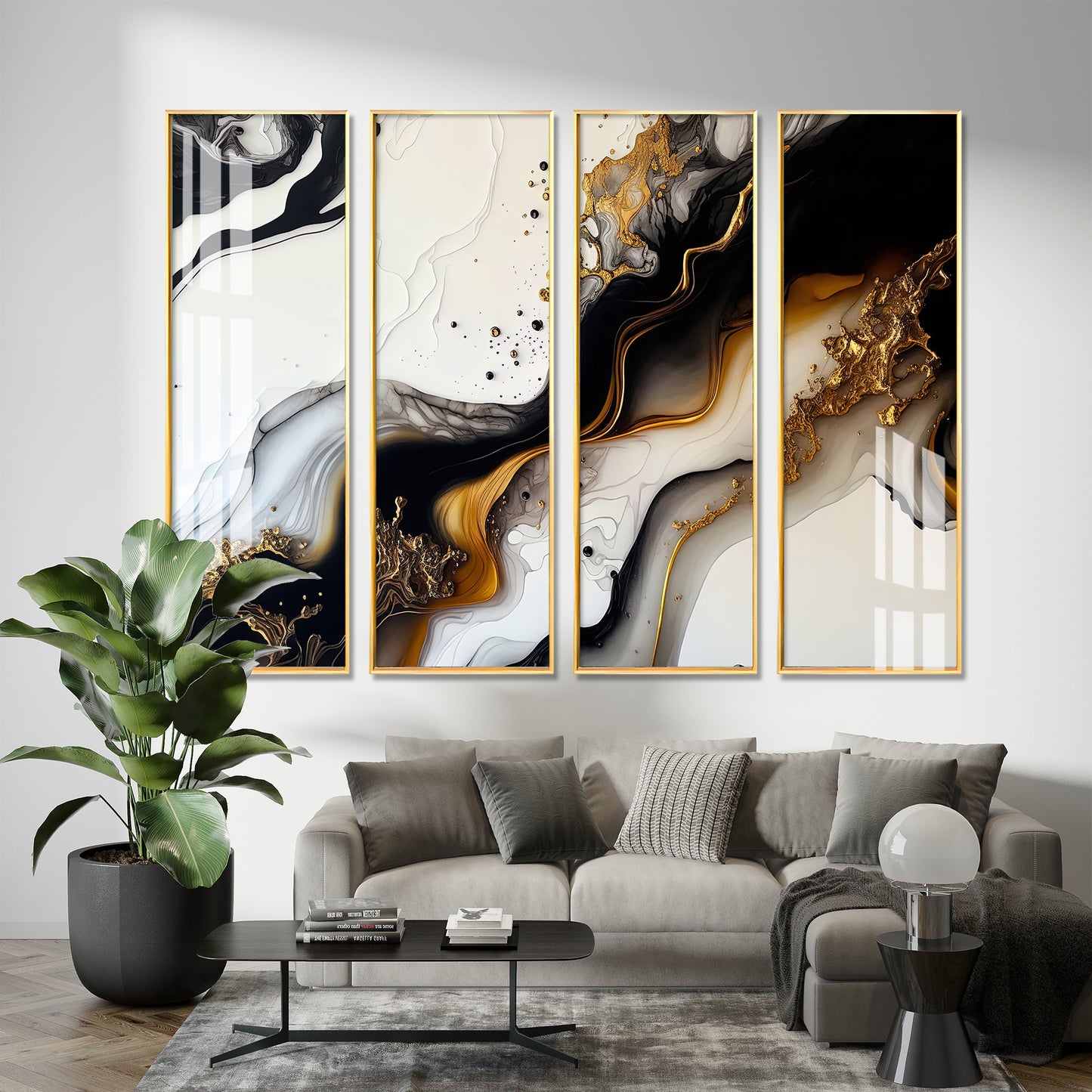 Black & Golden Splash Premium Acrylic Vertical Wall Art (set of 4)