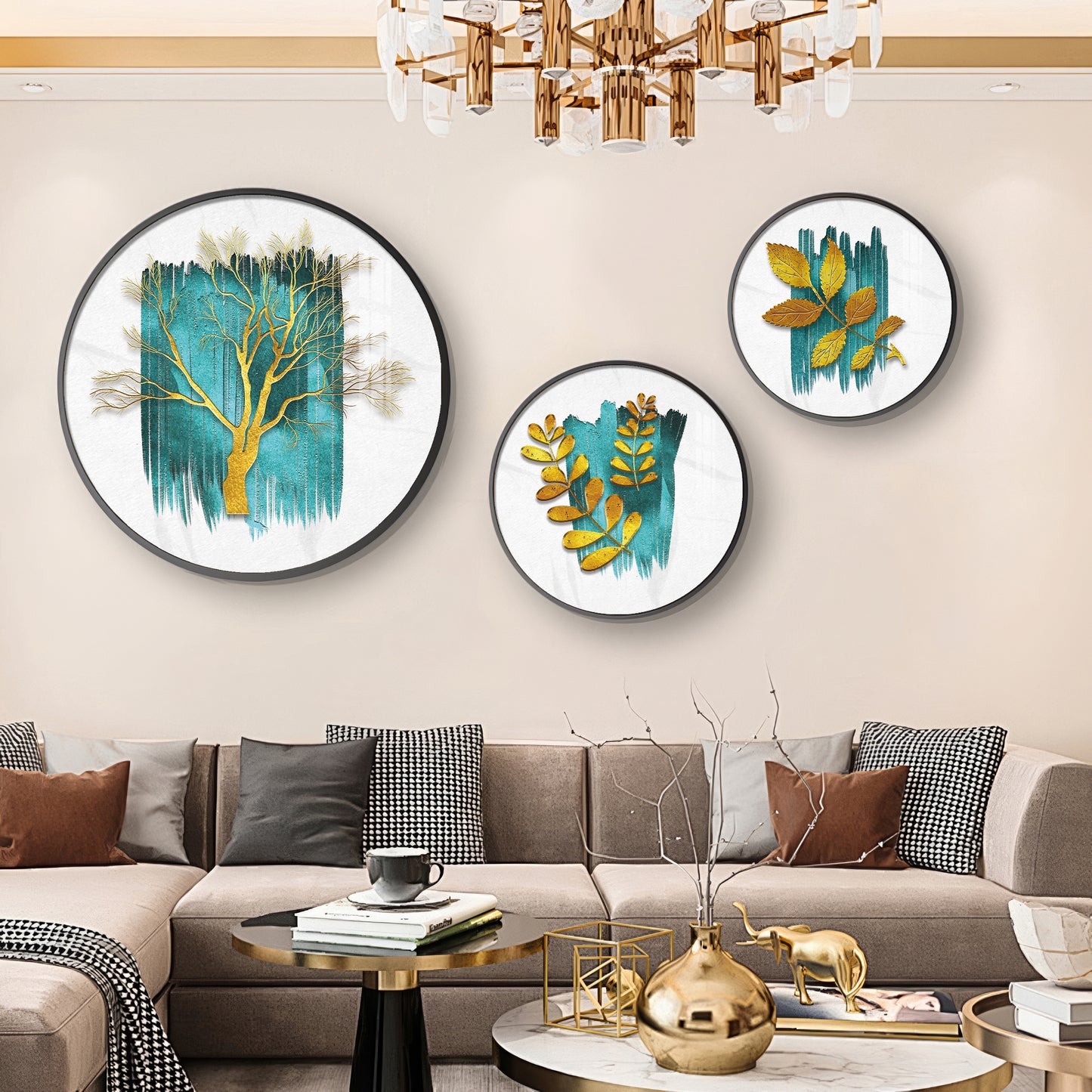 Golden Tree and Leaves Premium Acrylic Round Wall Art (Set of 3)