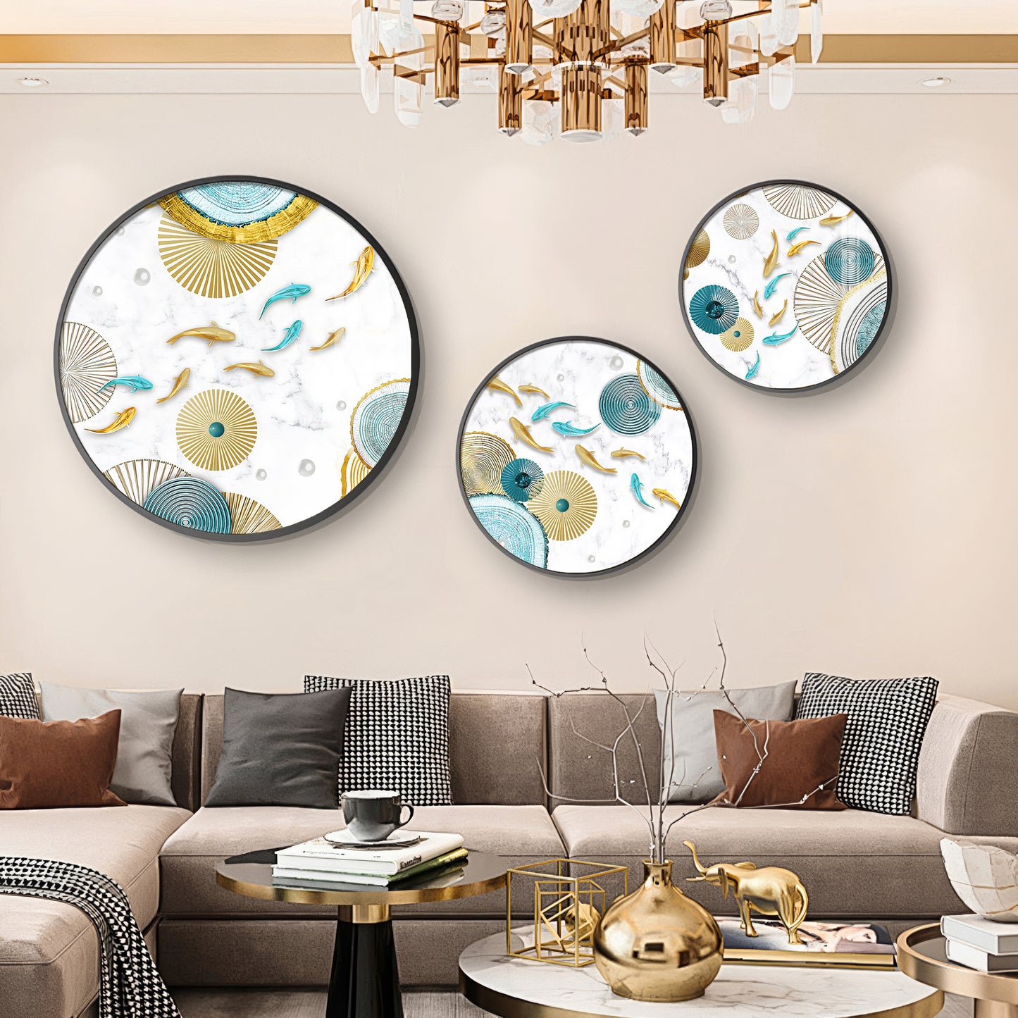Koi Fish In Blue & Gold Premium Acrylic Round Wall Art (Set of 3)