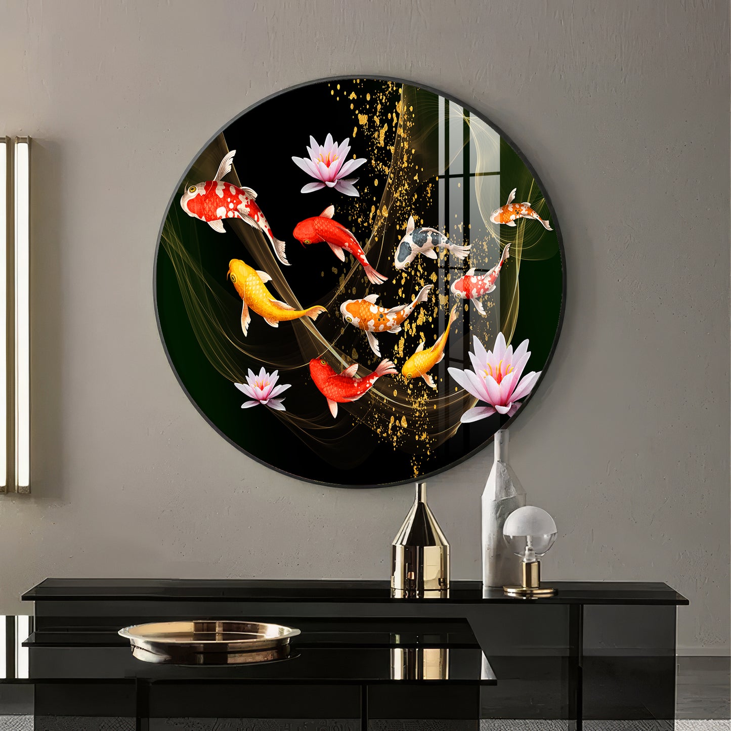 Colorful Koi In Motion Premium Acrylic Round Wall Art