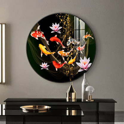 Colorful Koi In Motion Premium Acrylic Round Wall Art