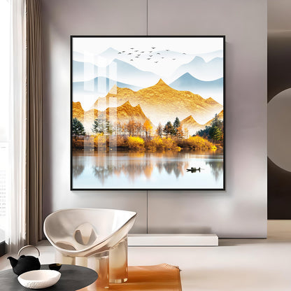 Sun Kissed Mountains Premium Acrylic Square Wall Art - 24X24 inches / Gold
