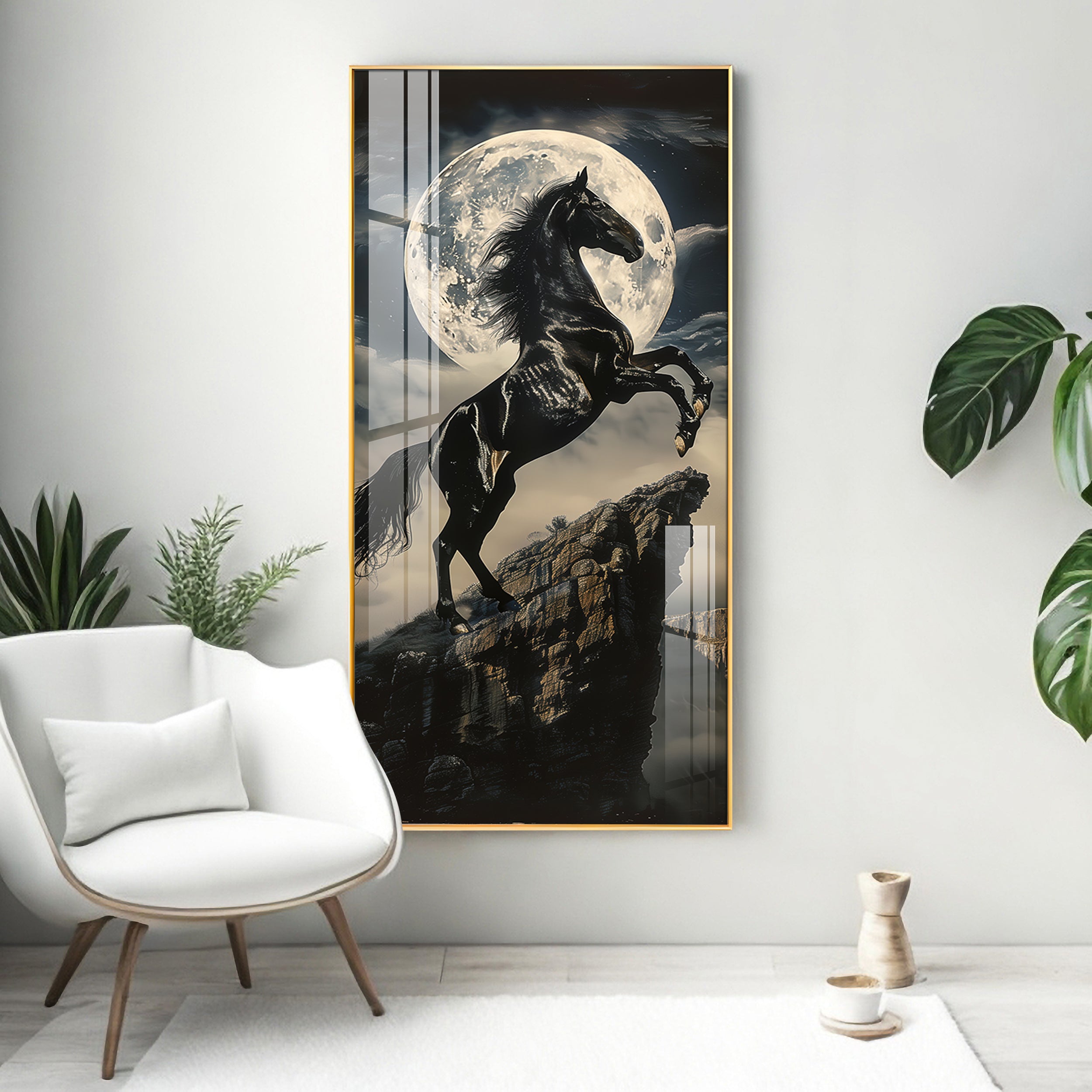 Black Horse On Rocky Cliff Premium Acrylic Vertical Wall Art