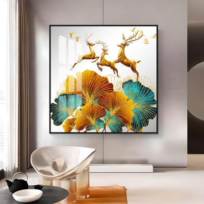 3 Golden Deers With Biloba Leaves Luxury Crystal Square Wall Art