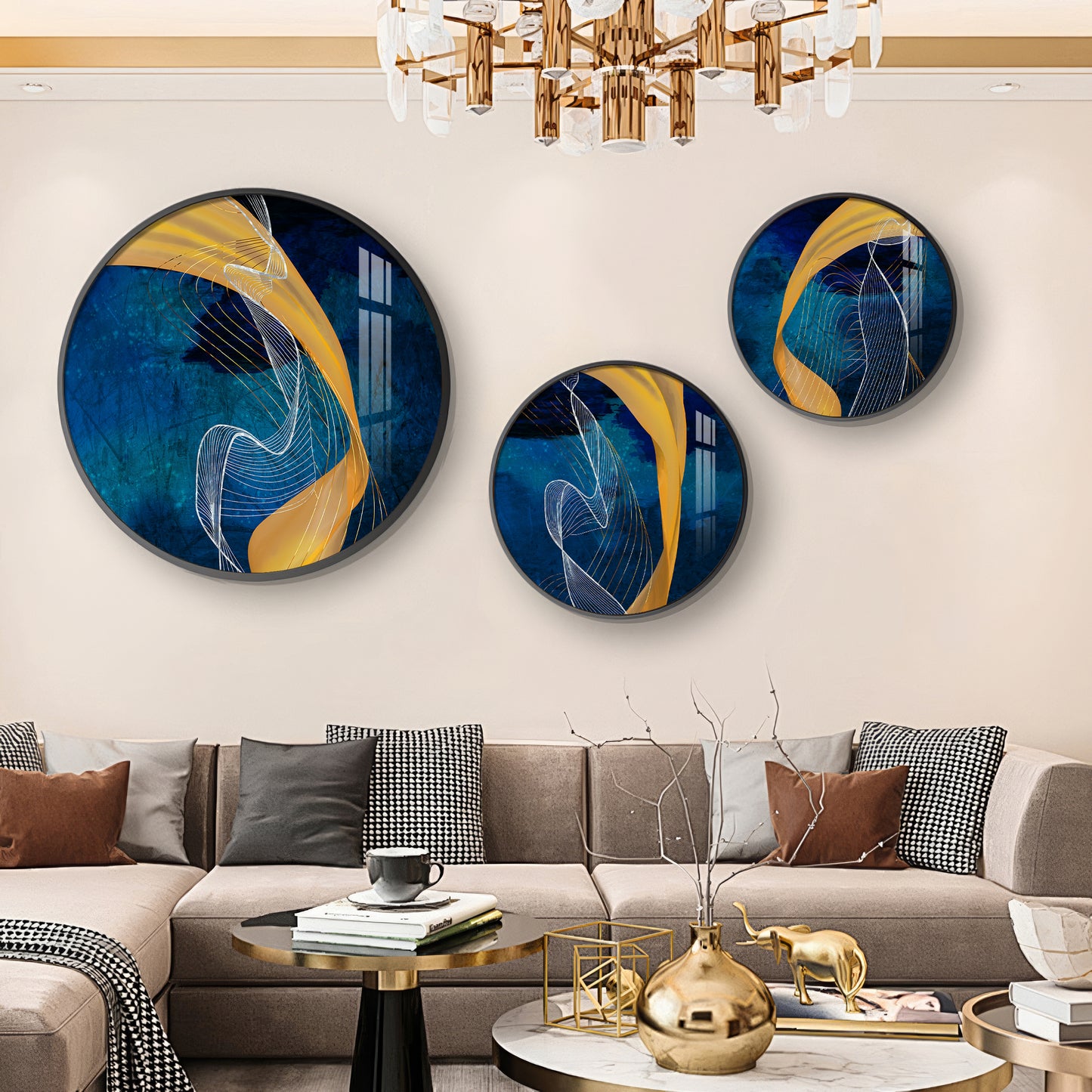 Asatic Waves Premium Acrylic Round Wall Art (Set of 3)