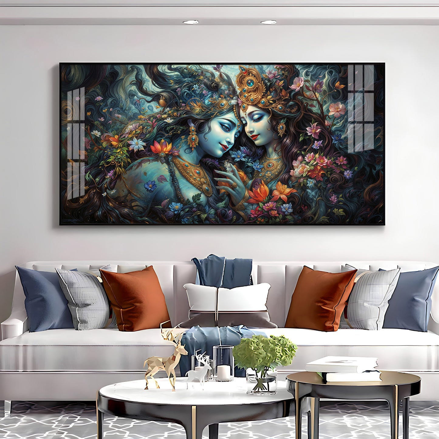 Mystical Love Of Radha Krishna Luxury Crystal Horizontal Wall Art