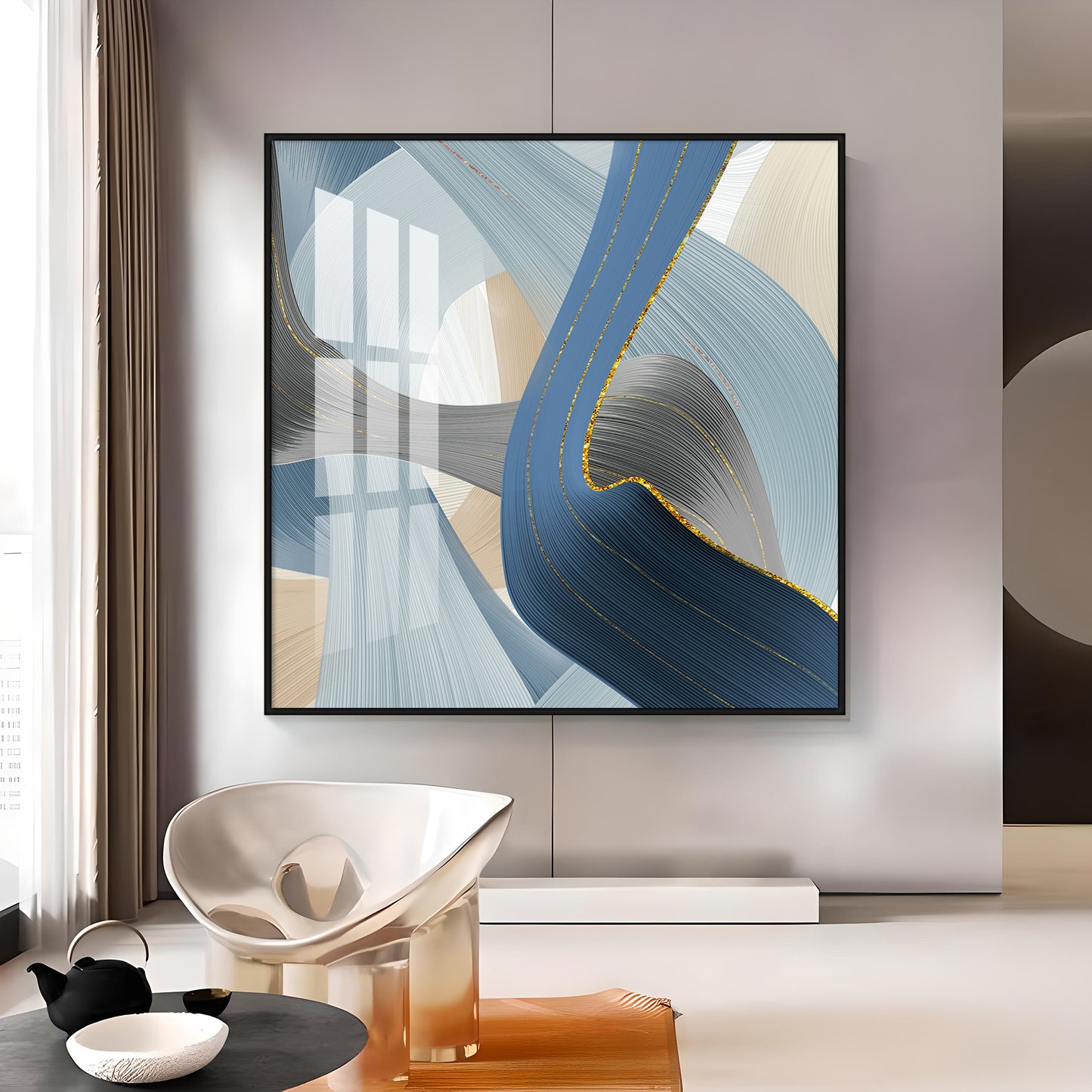 Geometric Fluid Art With Golden Lines Premium Acrylic Square Wall Art