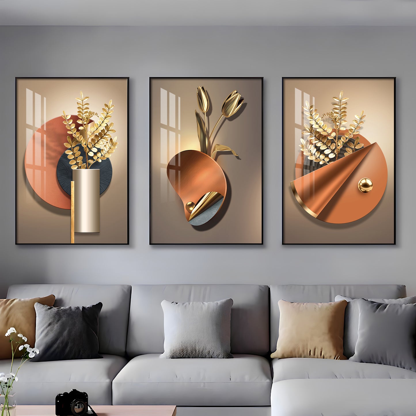 Golden Flower Triptych Premium Acrylic Wall Art (Set of 3)