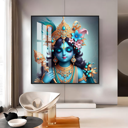 Beautiful Lord Krishna with Flute Premium Acrylic Square Wall Art