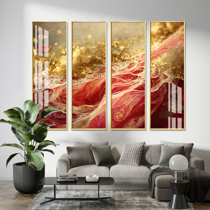 Passionate Red & Golden Premium Acrylic Vertical Wall Art (set of 4)