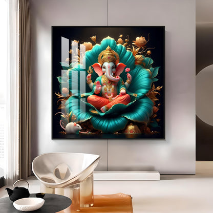 Lord Ganesh Lotus Serenity Premium Acrylic Square Wall Art