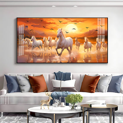 White Running Horses With Sunrise Premium Acrylic Horizontal Wall Art