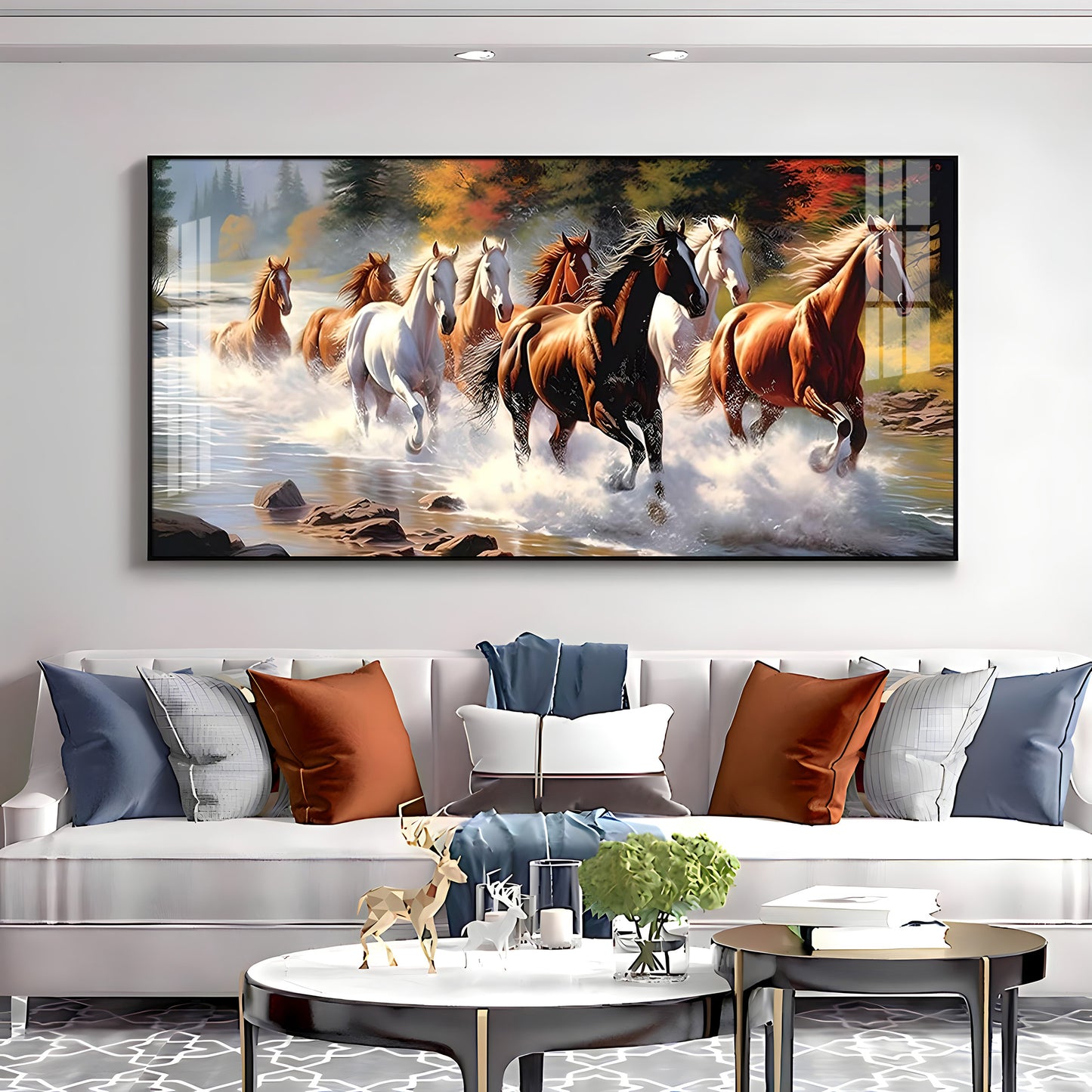 Running Horses in River Premium Acrylic Horizontal Wall Art