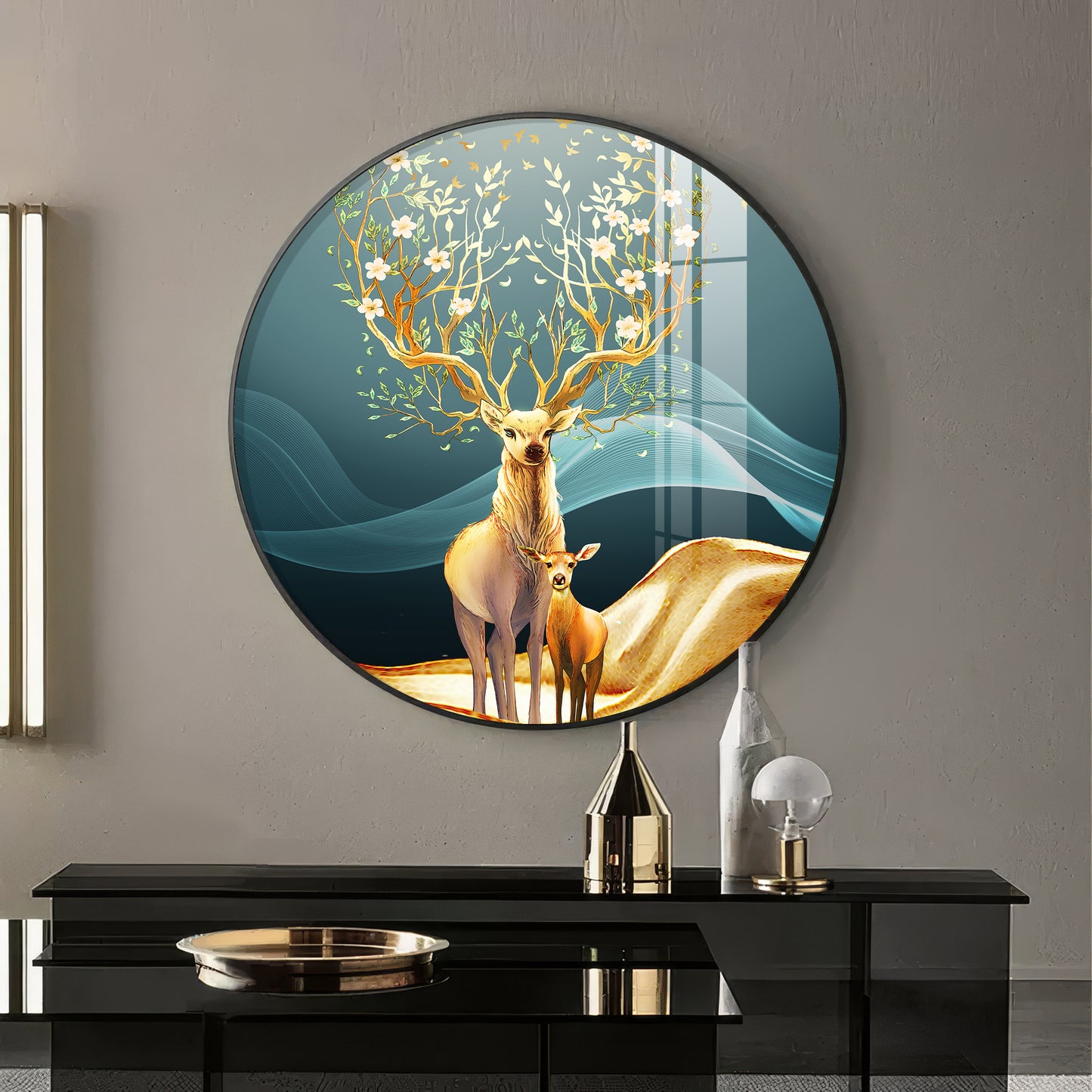 Deer in Bloom Premium Acrylic Round Wall Art