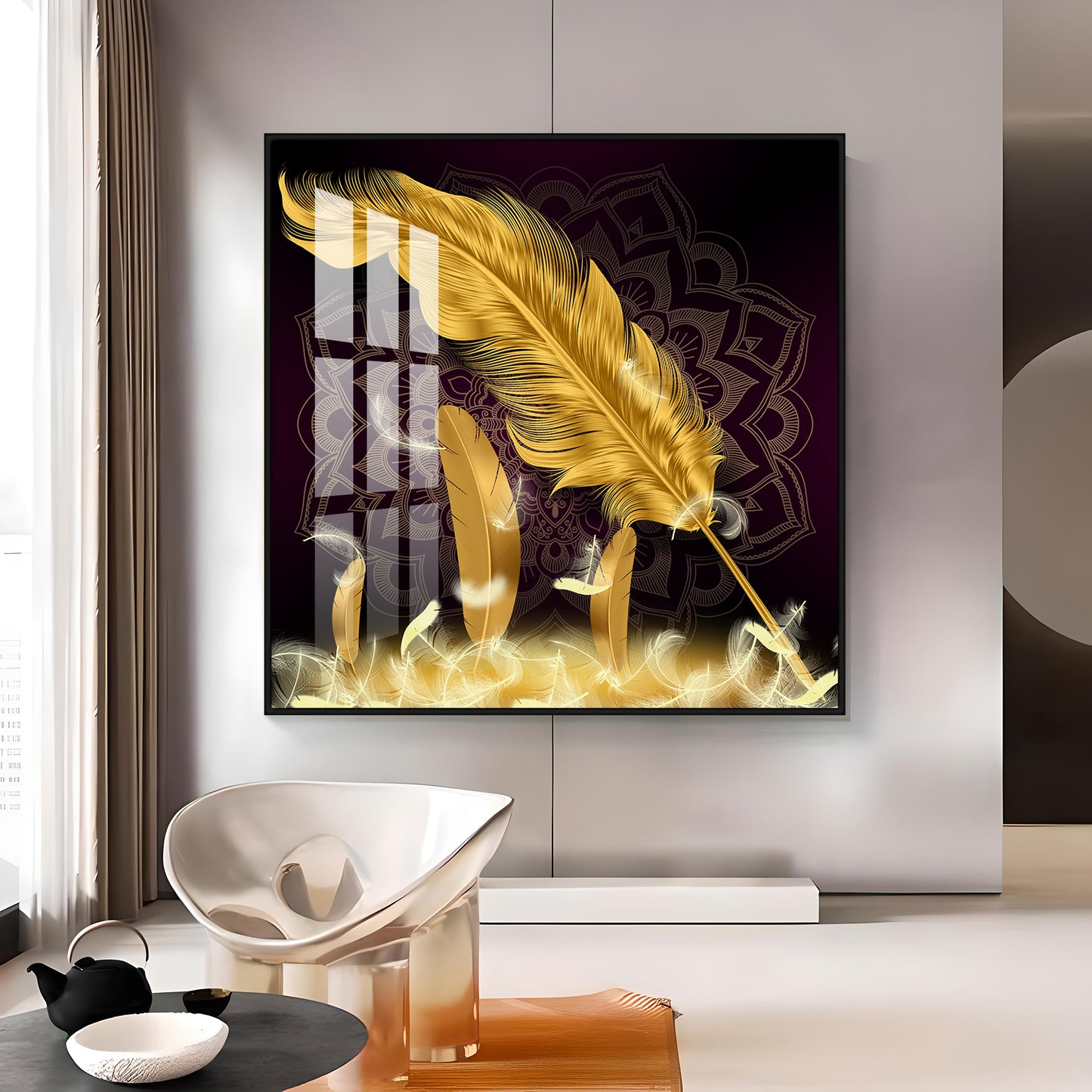 Golden Feather Light Luxury Premium Acrylic Square Wall Art