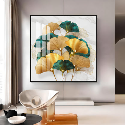 Golden Ginkgo Biloba Luxury Crystal Square Wall Art