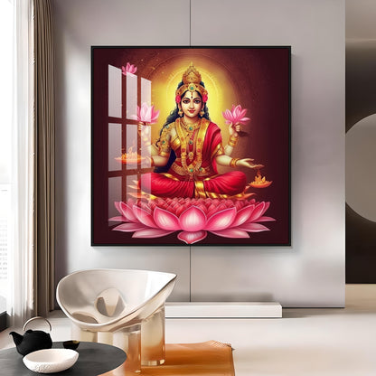 Laxmi Maa With Lotus Premium Acrylic Square Wall Art