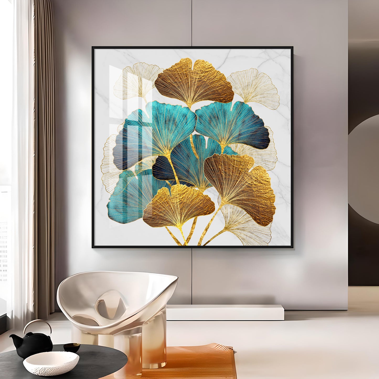 Golden Blue Ginkgo Leaf Premium Acrylic Square Wall Art