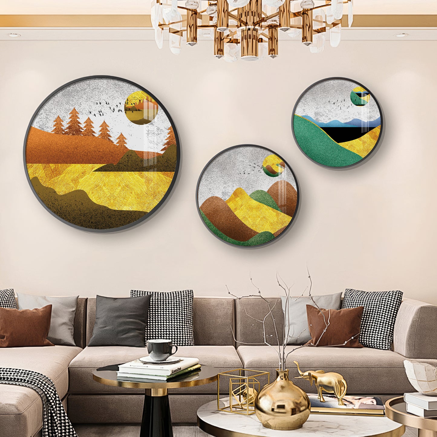 Mountain View Abstract Premium Acrylic Round Wall Art (Set of 3)