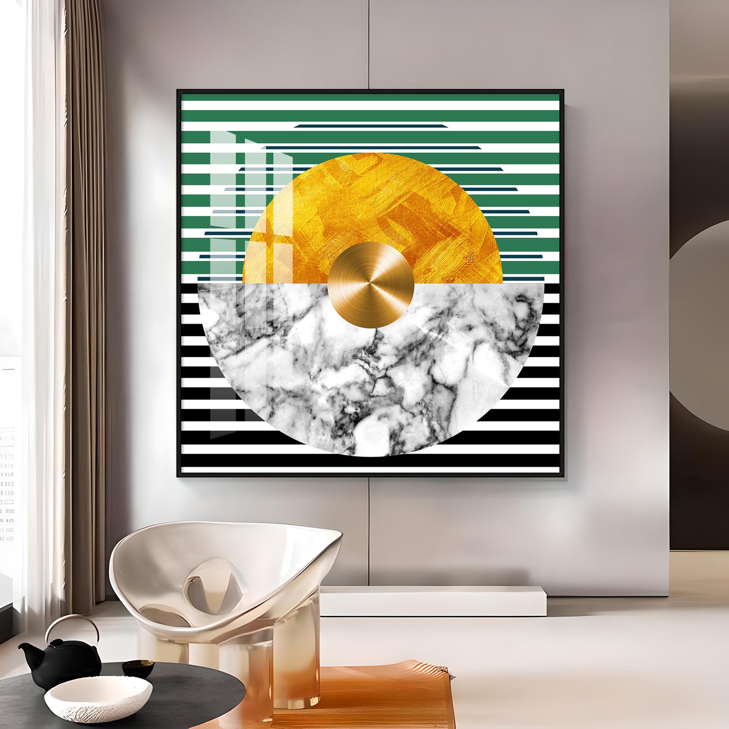 Circle With Golden & Marble Texture Premium Acrylic Square Wall Art