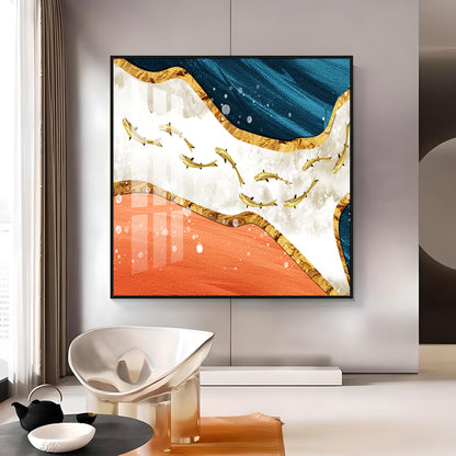 Golden Koi Fishes Swimming Luxury Crystal Square Wall Art