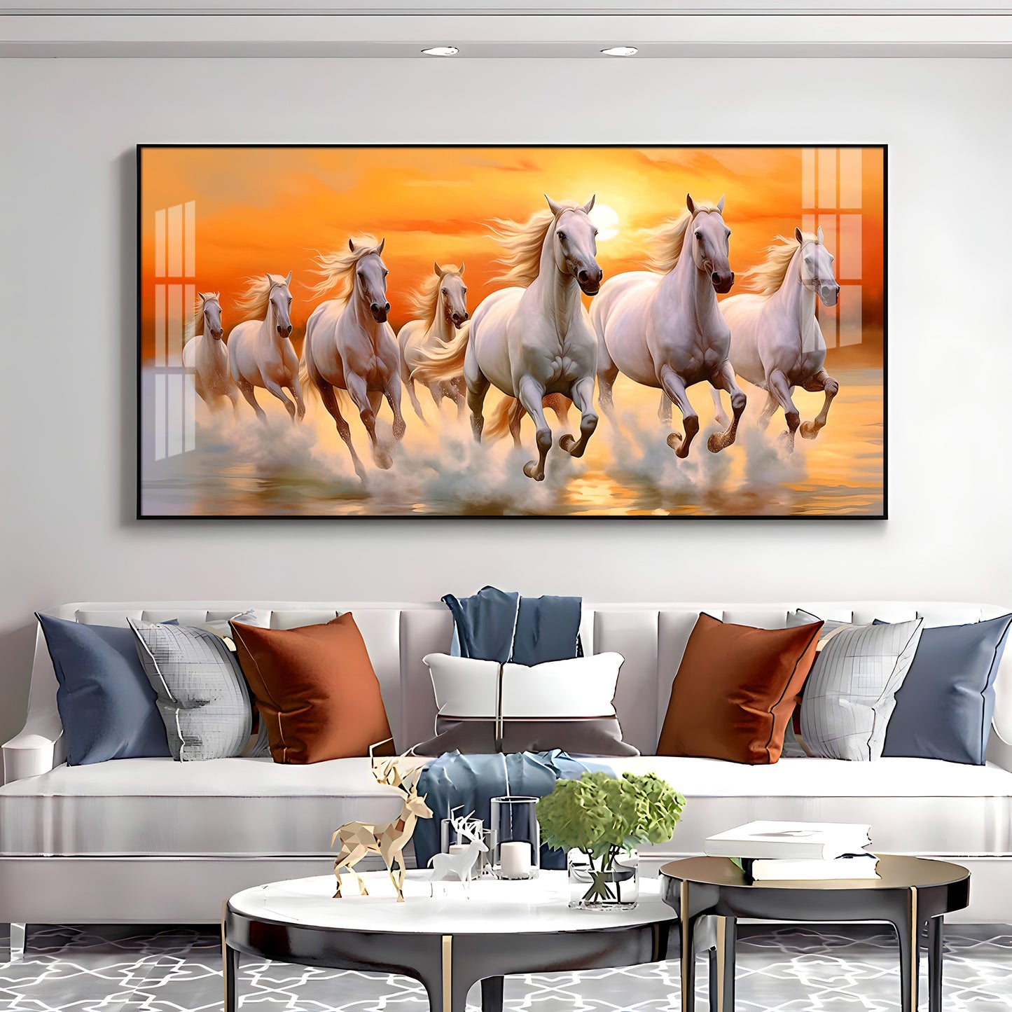 Seven White Running Horses With Sunrise Premium Acrylic Horizontal Wall Art