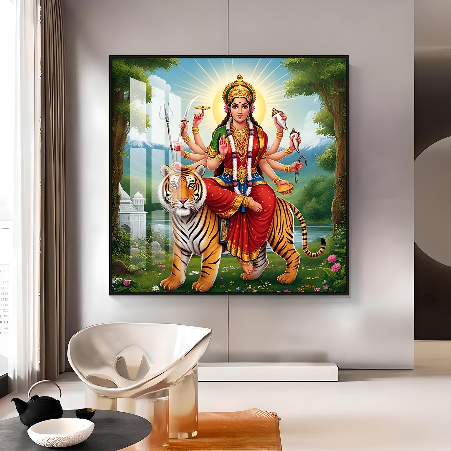 Hindu Goddess With Tiger Premium Acrylic Square Wall Art