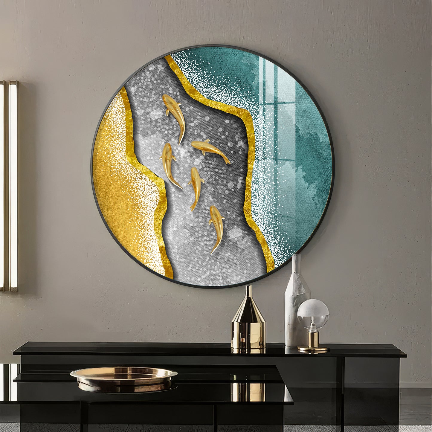 Koi Fish In Waves Premium Acrylic Round Wall Art