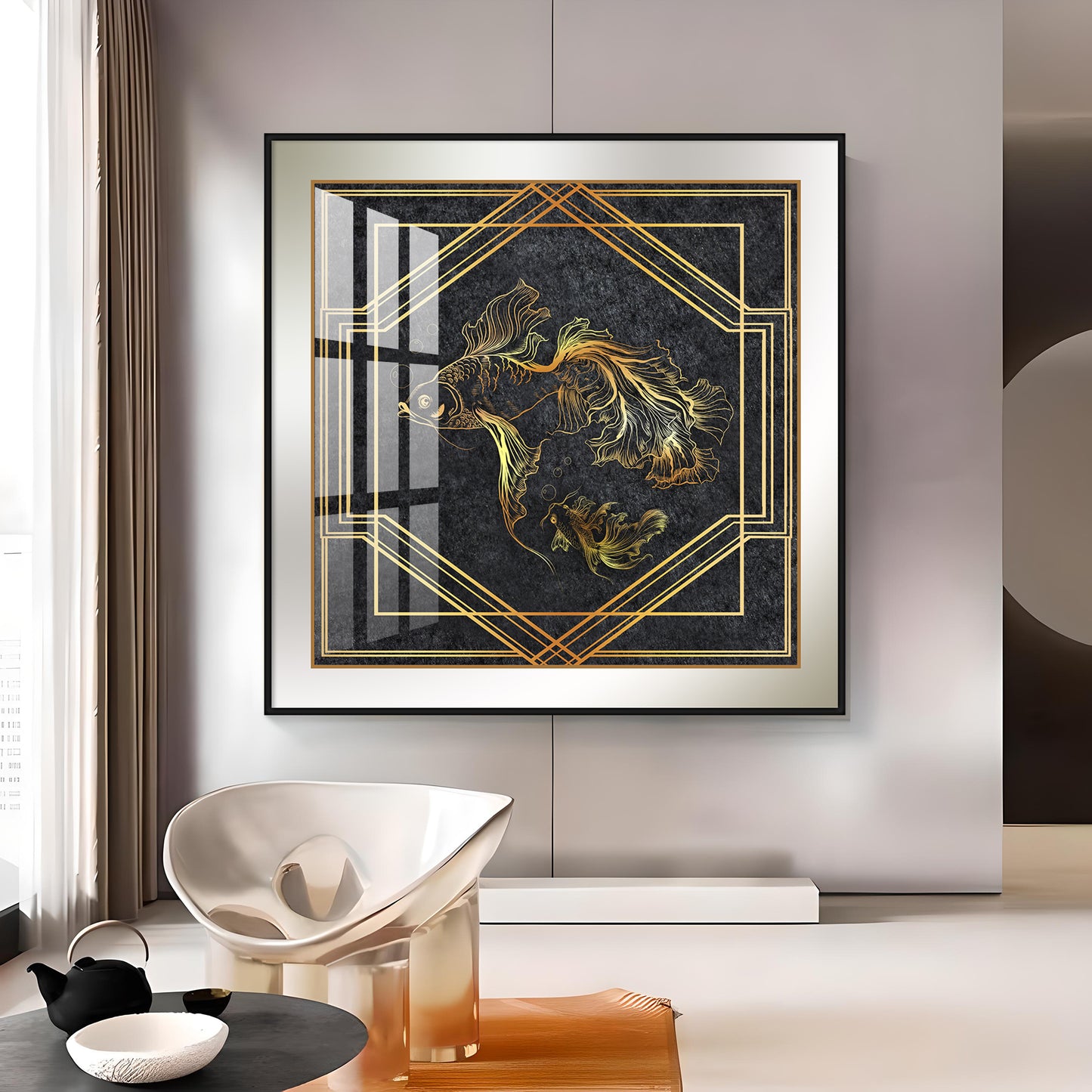 Modern Fashionable Gold Foil Goldfish Premium Acrylic Square Wall Art