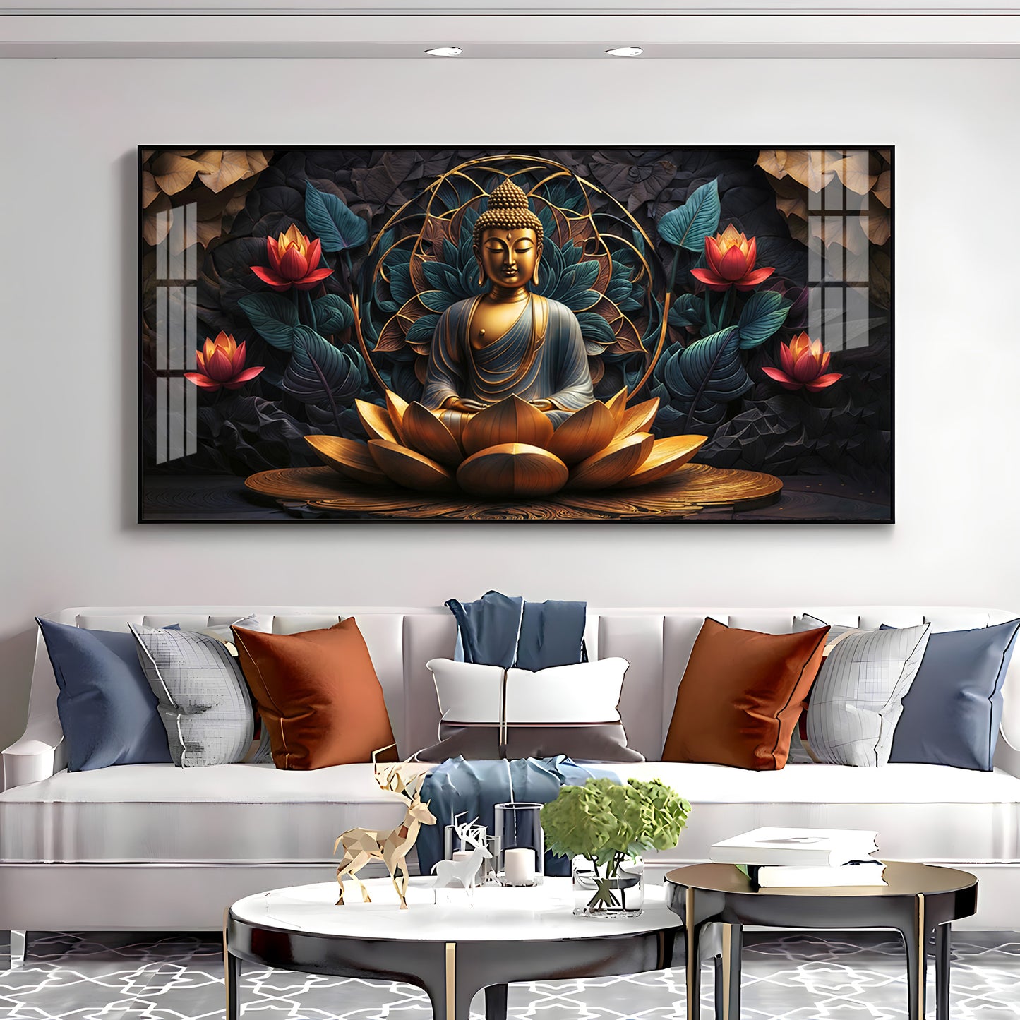 Buddha's Reflection With Sacred Lotus Premium Acrylic Horizontal Wall Art