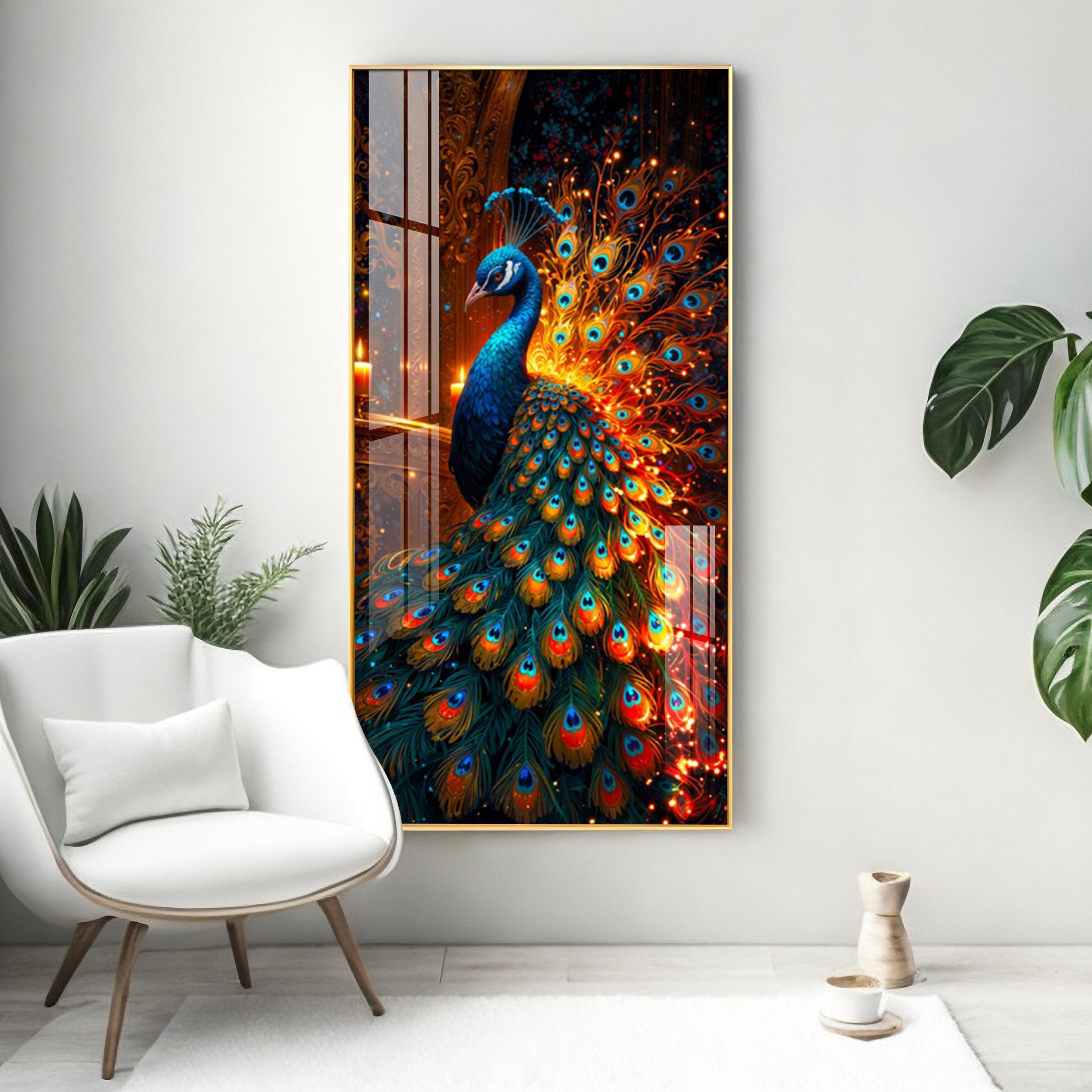 Peacock In Blaze Premium Acrylic Vertical Wall Art