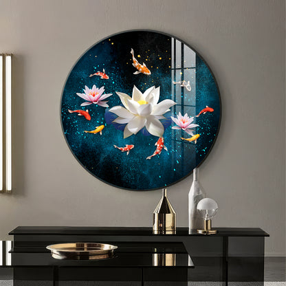 Lotus and Fish Premium Acrylic Round Wall Art