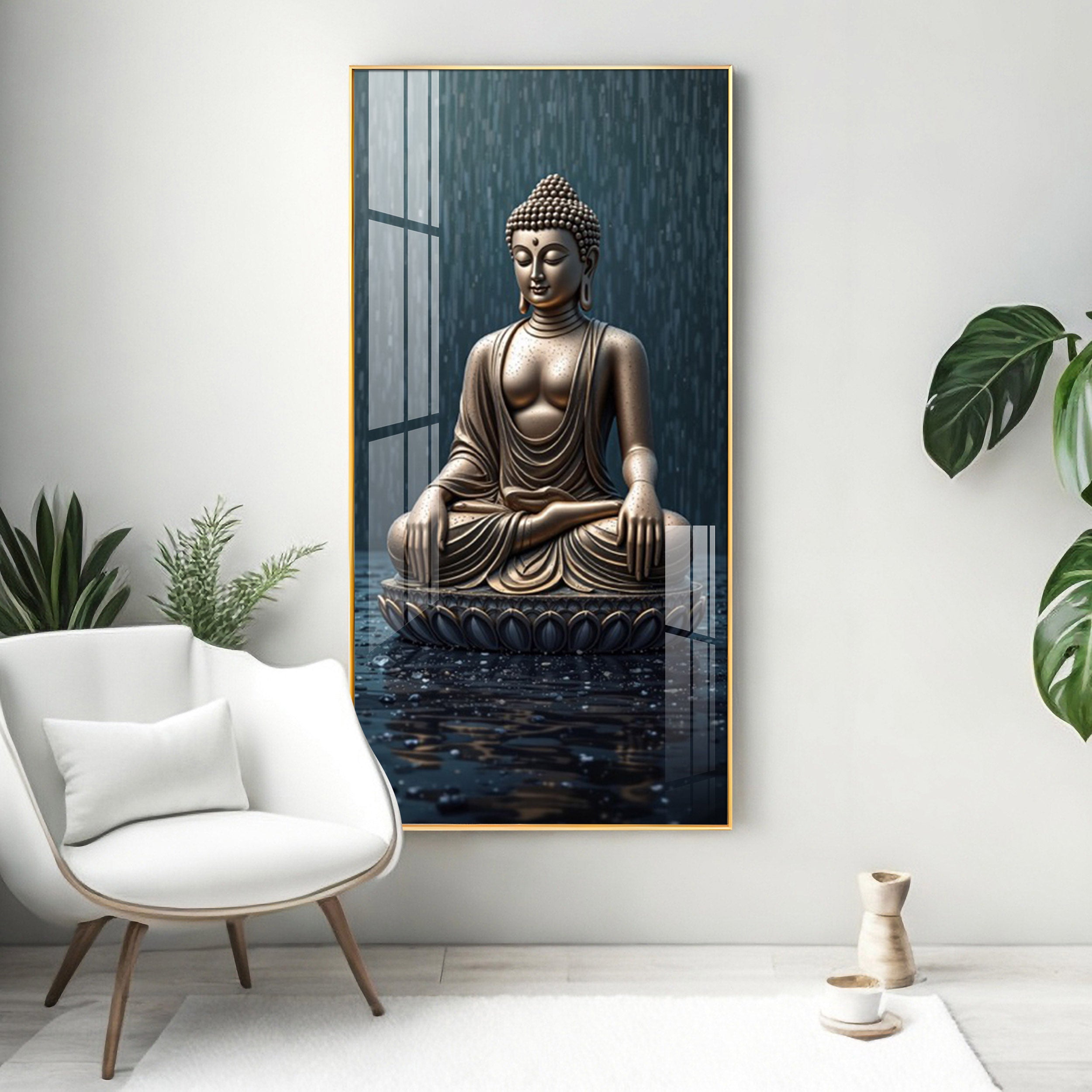Tranquil Rain Buddha Premium Acrylic Vertical Wall Art