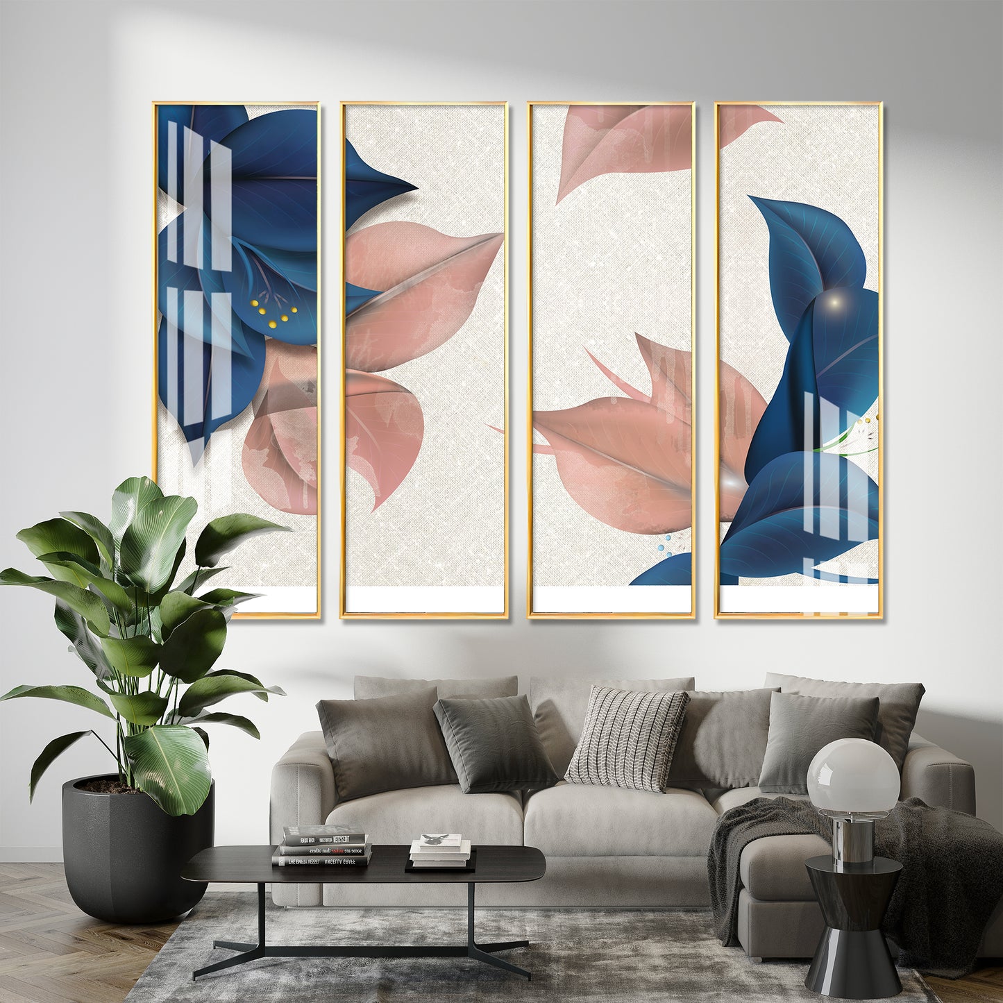 Blue & Peach Flowers Premium Acrylic Vertical Wall Art (set of 4)