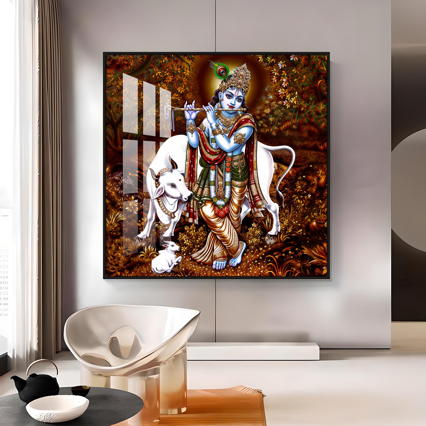 Beautiful Lord Krishna With Cow Premium Acrylic Square Wall Art