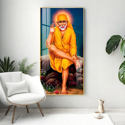 Shirdi Sai Baba Premium Acrylic Vertical Wall Art - 24X12 inches / Gold
