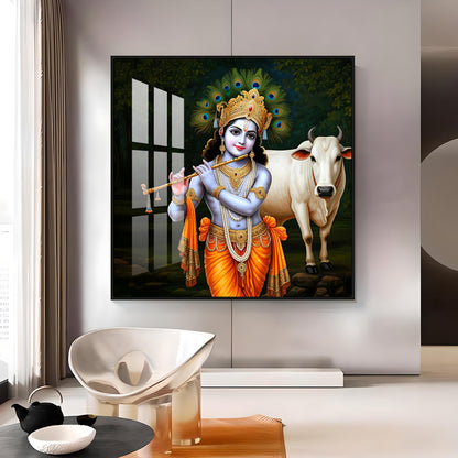 Krishna With The Cow Premium Acrylic Square Wall Art