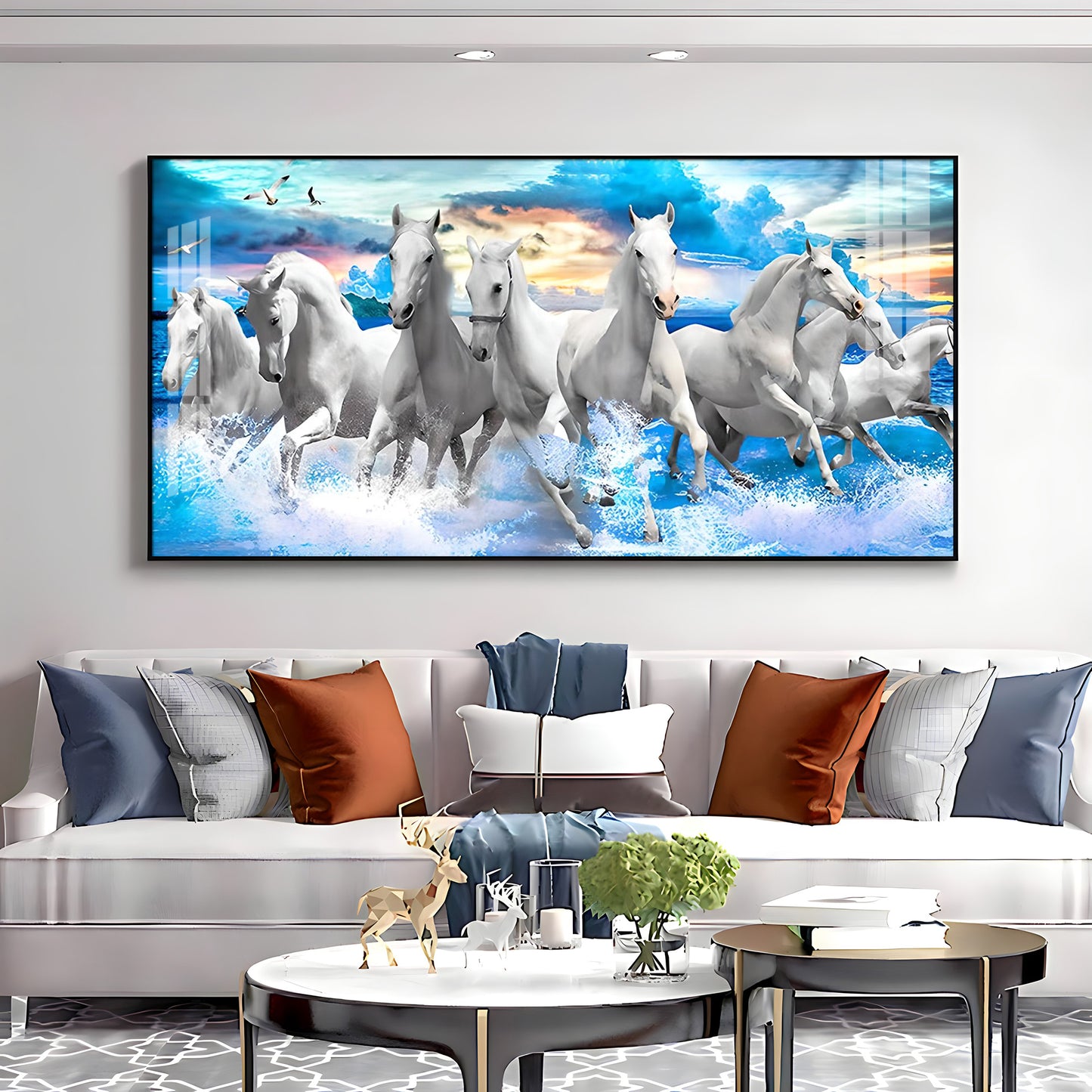 Vastu Running Horses With Sunrise Premium Acrylic Horizontal Wall Art