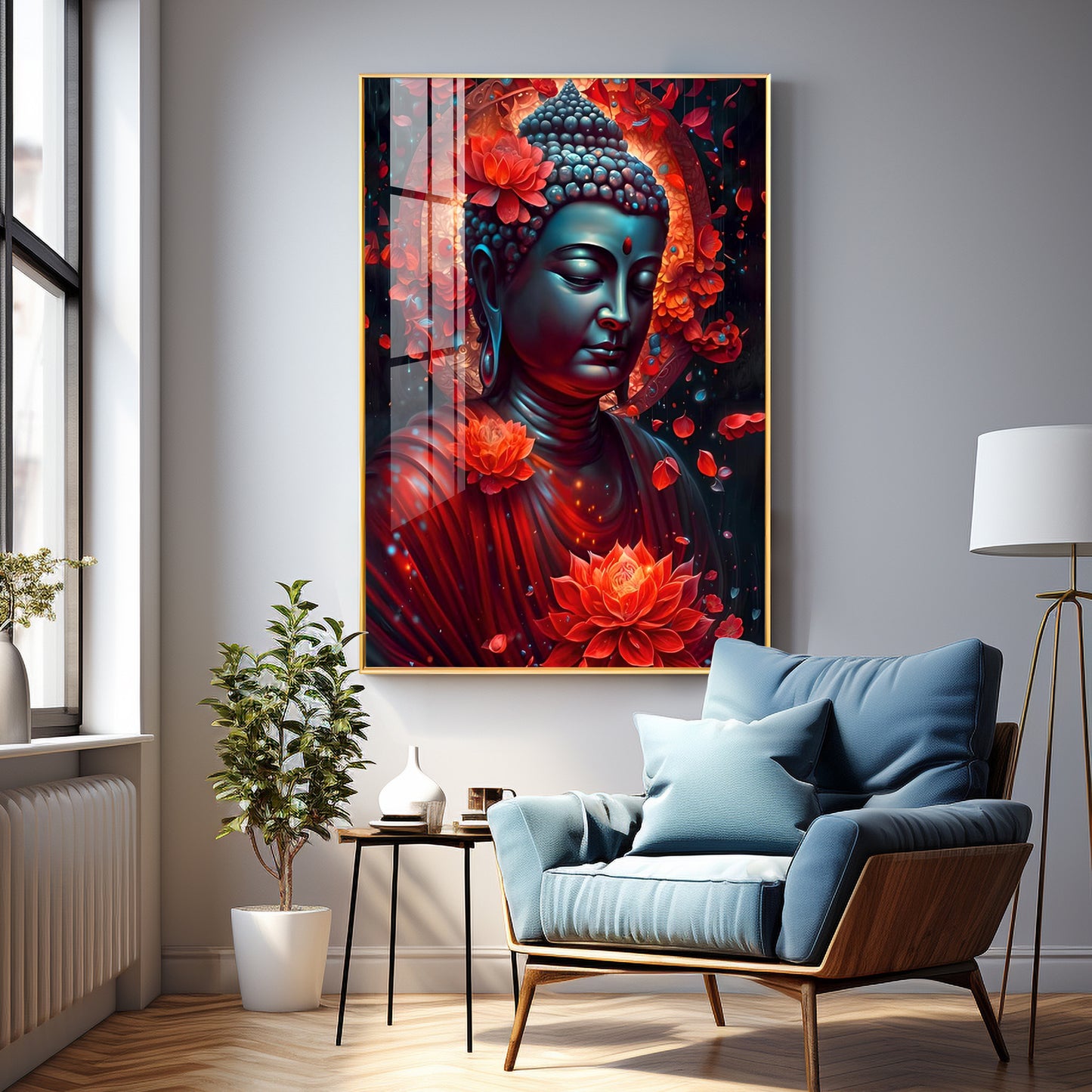 Red Buddha With Lotus Premium Acrylic Vertical Wall Art