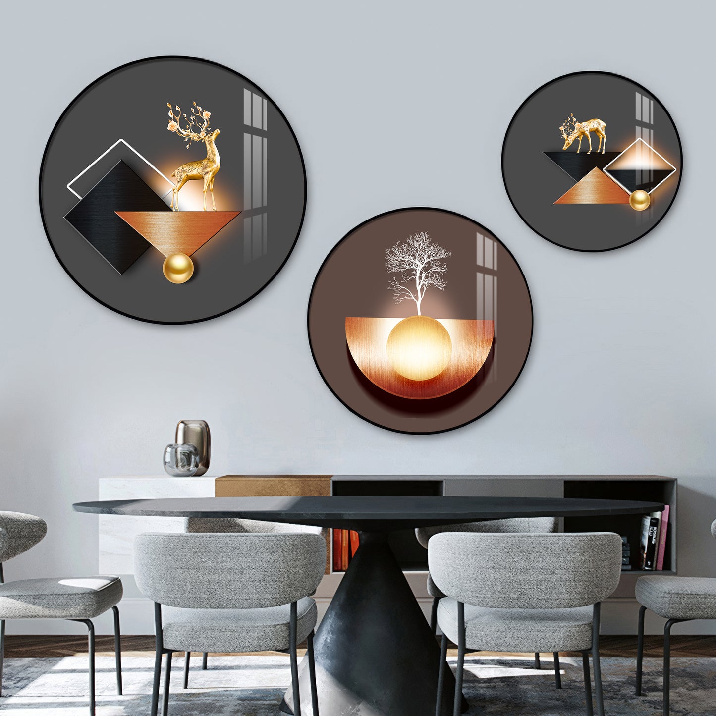 Reindeer Abstract Premium Acrylic Round Wall Art (Set of 3)