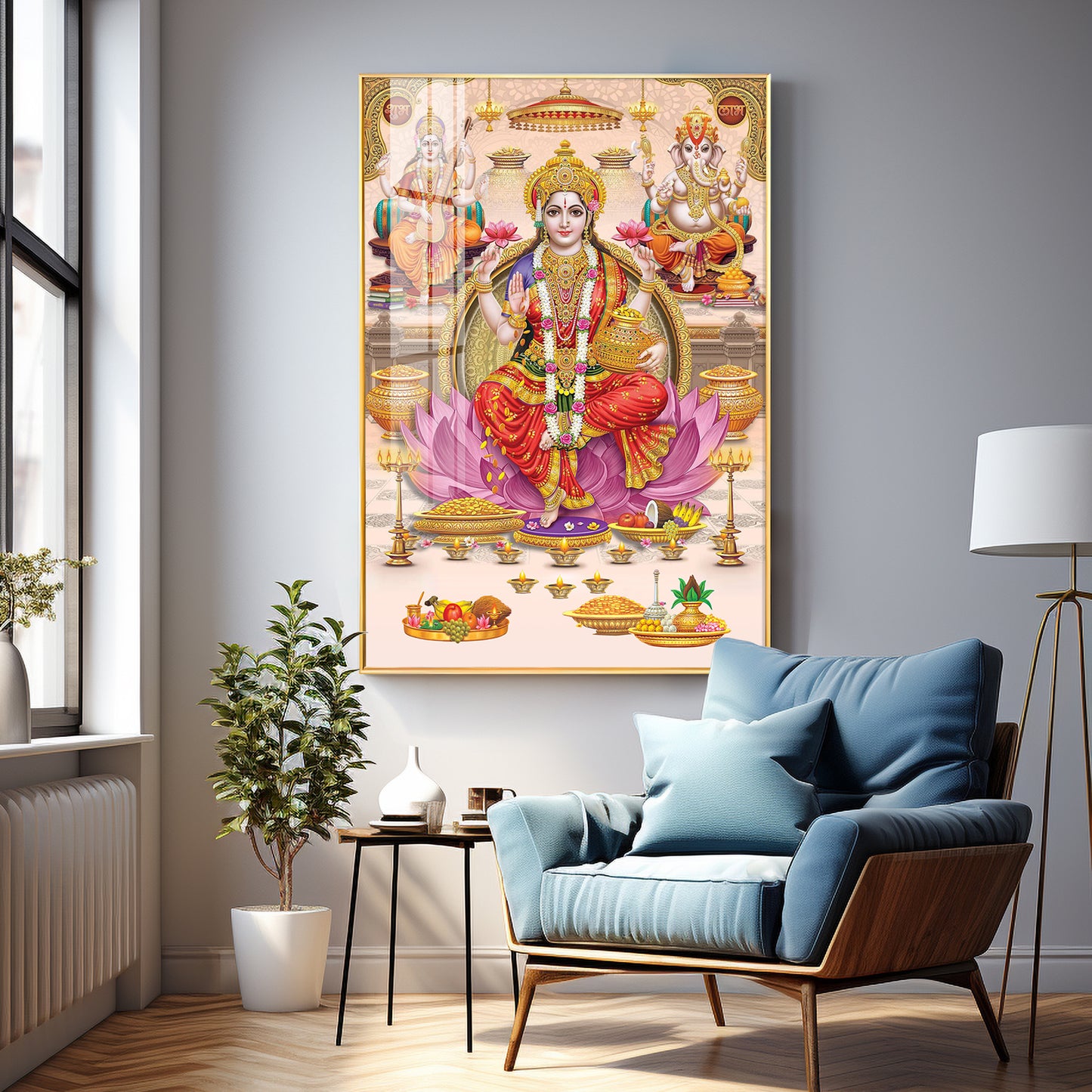 Goddess Maha Laxmi Ji On Kamala Premium Acrylic Vertical Wall Art