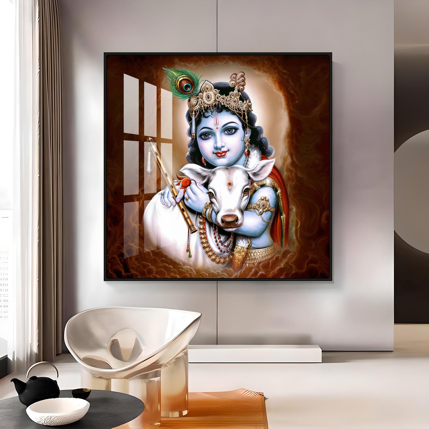 Krishna With Bansuri & Cow Premium Acrylic Horizontal Wall Art