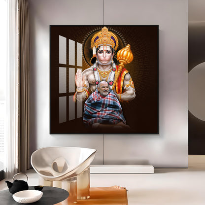 Lord Hanuman Ji and Need Karoli Baba Premium Acrylic Square Wall Art