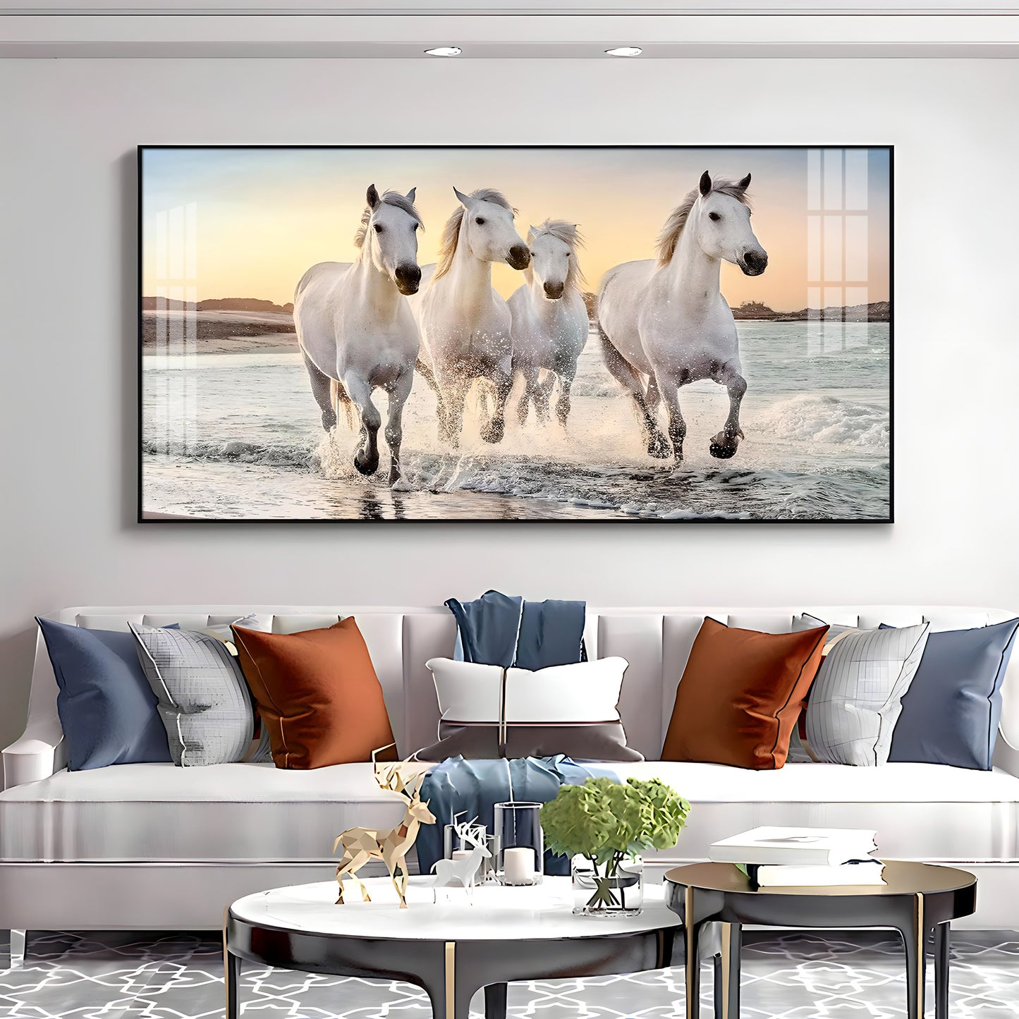 White Running Horses in The Sea Premium Acrylic Horizontal Wall Art