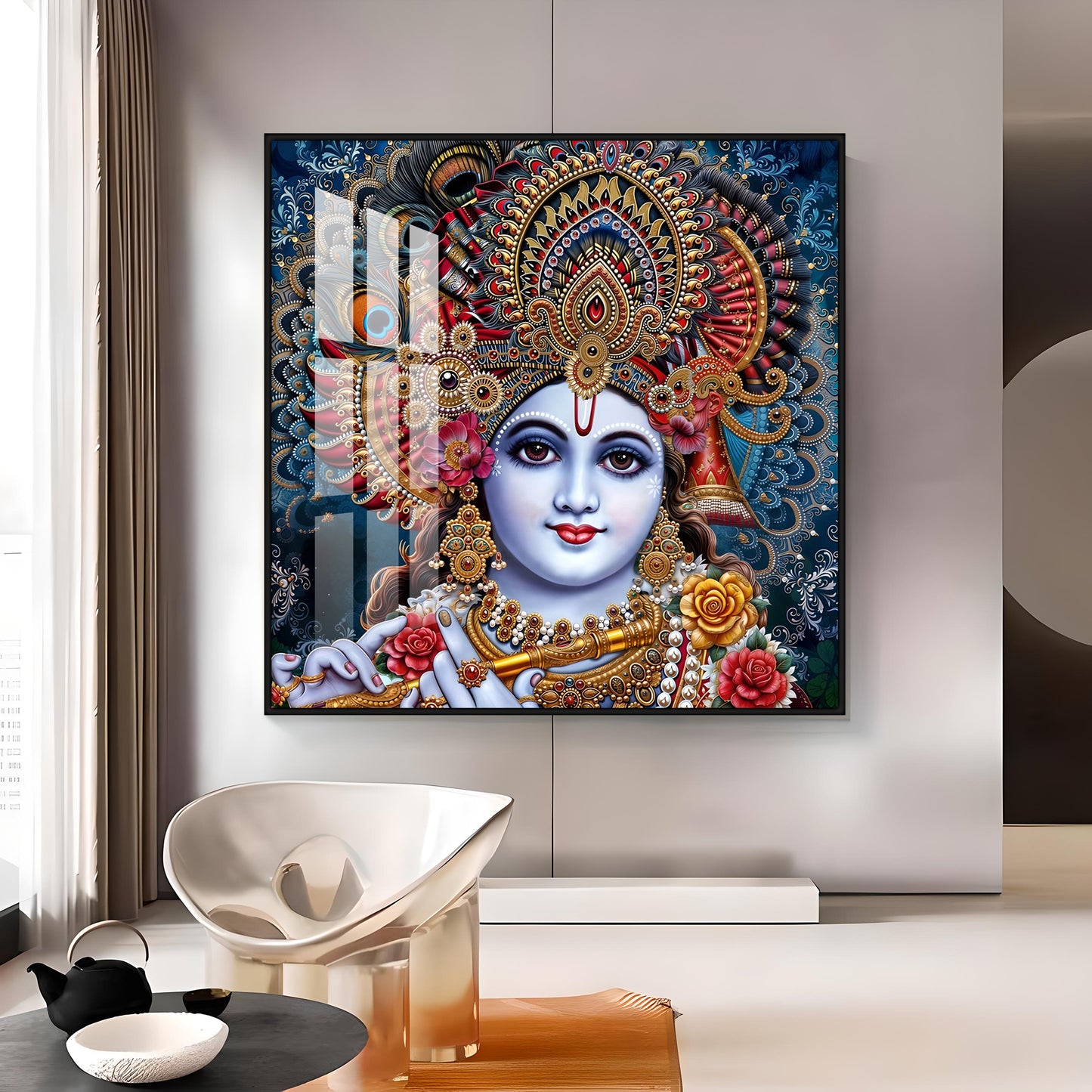 Shri Krishna With Bansuri Premium Acrylic Square Wall Art